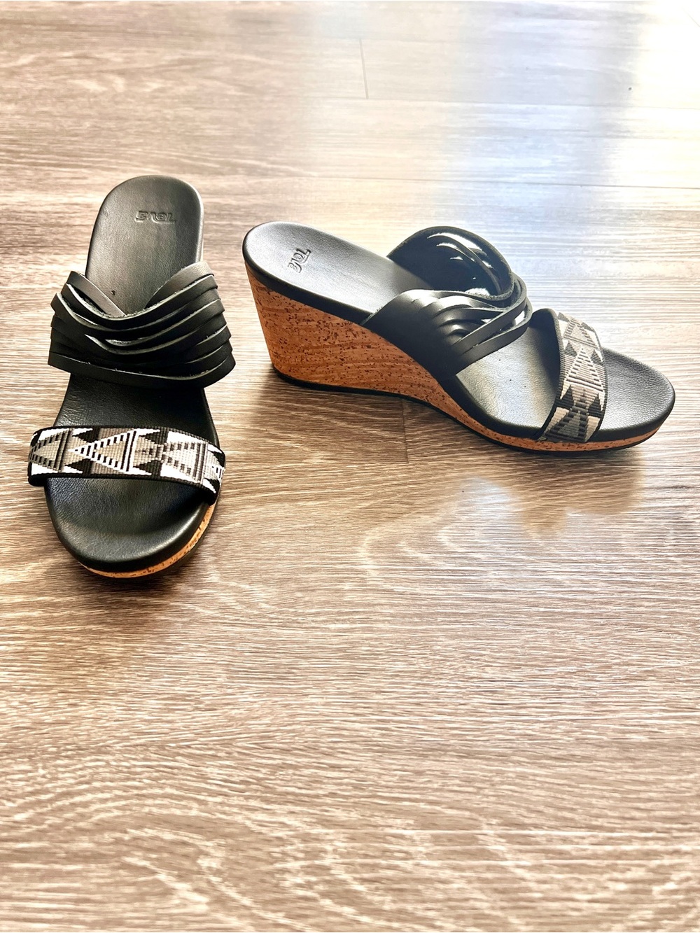Teva Black Cork Wedge Slide Sandals with Patterned Strap